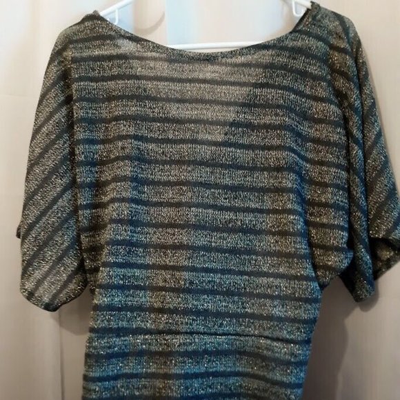 New Metallic Sheer Crochet Draped top L Blue Gold Green stripe Zippered waistban - Picture 5 of 10